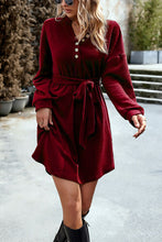 Load image into Gallery viewer, Notched Tie Waist Dropped Shoulder Mini Dress