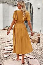 Load image into Gallery viewer, Belted Flutter Sleeve Tiered Surplice Dress