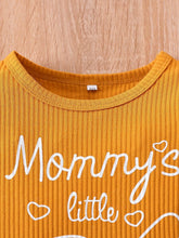 Load image into Gallery viewer, Baby Girl Graphic Ribbed Ruffle Shoulder Bodysuit and Printed Pants Set