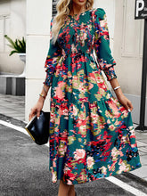 Load image into Gallery viewer, Printed Smocked Lantern Sleeve Ruffled Dress