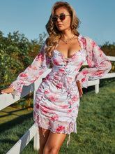 Load image into Gallery viewer, Floral Lace-Up Ruched Flounce Sleeve Dress