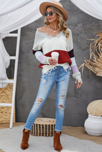 Load image into Gallery viewer, Color Block Distressed V-Neck Ribbed Sweater