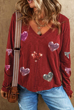 Load image into Gallery viewer, Sequin Heart V-Neck Long Sleeve T-Shirt