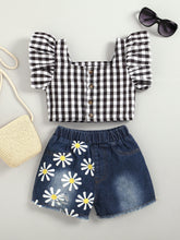 Load image into Gallery viewer, Girls Gingham Flutter Sleeve Top and Floral Denim Shorts Set