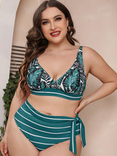 Load image into Gallery viewer, Full Size Botanical Print Striped Bikini Set