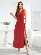 Load image into Gallery viewer, Slit Surplice Tie Waist Sleeveless Dress