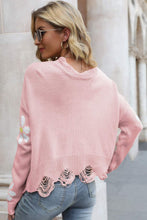 Load image into Gallery viewer, Flower Distressed Ribbed Trim Sweater