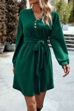 Load image into Gallery viewer, Notched Tie Waist Dropped Shoulder Mini Dress