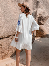 Load image into Gallery viewer, Printed Tie Neck Flounce Sleeve Mini Dress