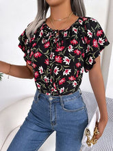 Load image into Gallery viewer, Floral Tie Neck Flutter Sleeve Blouse