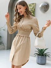 Load image into Gallery viewer, Button Front Frill Trim Smocked Waist Shirt Dress