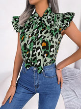 Load image into Gallery viewer, Leopard Tie Neck Cap Sleeve Blouse