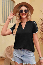 Load image into Gallery viewer, Contrast Trim Pom-Pom Detail Notched Neck Blouse