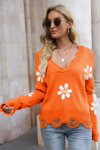 Load image into Gallery viewer, Flower Distressed Ribbed Trim Sweater