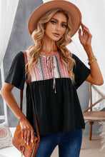 Load image into Gallery viewer, Geometric Print Color Block Tied Babydoll Blouse