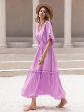 Load image into Gallery viewer, Tassel Trim Smocked V-Neck Short Sleeve Dress