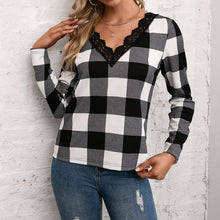 Load image into Gallery viewer, Plaid Lace Trim V-Neck Long Sleeve Tee