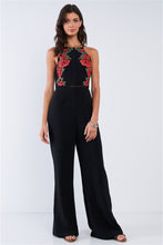 Load image into Gallery viewer, Black Sophisticated Floral Embroidered Sleeveless Wide Leg Jumpsuit