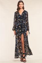 Load image into Gallery viewer, Black Multicolor Floral Print Wrap Deep Plunge V-Neck Long Sleeve Semi-Dress Romper
