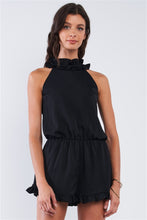 Load image into Gallery viewer, Solid Black Satin Relaxed Fit Stretchy Waist Frill Hem Mock Neck Romper