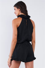 Load image into Gallery viewer, Solid Black Satin Relaxed Fit Stretchy Waist Frill Hem Mock Neck Romper