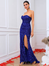 Load image into Gallery viewer, Sequin Zip-Back Strapless Split Floor-Length Dress