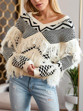Load image into Gallery viewer, Geometric Fringe Detail V-Neck Sweater