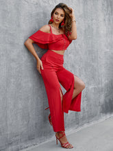 Load image into Gallery viewer, Ruffled Cropped Cami and Slit Pants Set