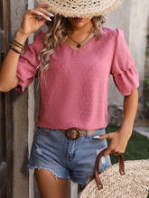 Load image into Gallery viewer, Swiss Dot V-Neck Short Sleeve Blouse