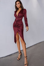 Load image into Gallery viewer, Ruched Tulip Hem Puff Sleeve Plunge Satin Dress