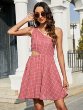 Load image into Gallery viewer, Grid One-Shoulder Tied Cutout Dress