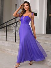 Load image into Gallery viewer, Tie Shoulder Ruched Mesh Overlay Maxi Dress