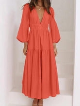 Load image into Gallery viewer, Deep V-Neck Balloon Sleeve Plain Maxi Dress