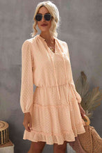 Load image into Gallery viewer, Swiss Dot Tie Neck Frill Trim Dress