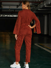 Load image into Gallery viewer, Belted Shawl Collar Slit Sleeve Jumpsuit