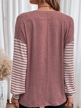 Load image into Gallery viewer, Round Neck Striped Long Sleeve Slit T-Shirt