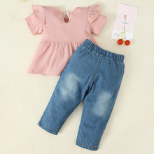 Load image into Gallery viewer, Bow Detail Short Sleeve Top and Distressed Jeans Set