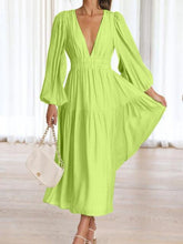 Load image into Gallery viewer, Deep V-Neck Balloon Sleeve Plain Maxi Dress