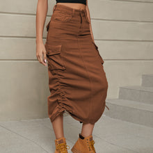 Load image into Gallery viewer, Drawstring Ruched Slit Denim Midi Skirt