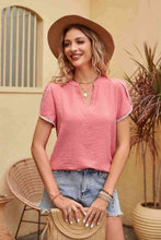 Load image into Gallery viewer, Contrast Trim Pom-Pom Detail Notched Neck Blouse