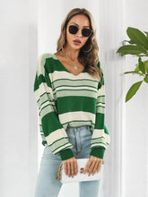Load image into Gallery viewer, Striped V-Neck Dropped Shoulder Sweater