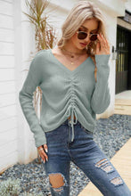 Load image into Gallery viewer, Waffle-Knit Drawstring Detail V-Neck Sweater