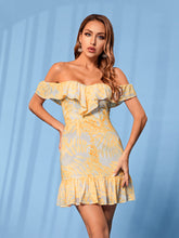 Load image into Gallery viewer, Printed Off-Shoulder Lace-Up Ruffle Hem Mini Dress
