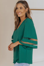 Load image into Gallery viewer, Sheer Striped Flare Sleeve V-Neck Blouse