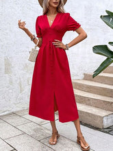 Load image into Gallery viewer, V-Neck Decorative Button Slit Midi Dress