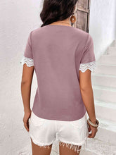 Load image into Gallery viewer, Decorative Button Spliced Lace Short Sleeve Top