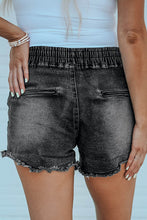 Load image into Gallery viewer, Elastic Waist Distressed Raw Hem Denim Shorts
