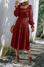 Load image into Gallery viewer, Smocked Square Neck Ruffle Trim Tiered Dress