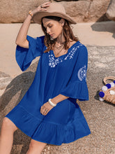 Load image into Gallery viewer, Printed Tie Neck Flounce Sleeve Mini Dress