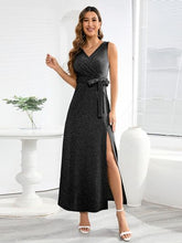 Load image into Gallery viewer, Slit Surplice Tie Waist Sleeveless Dress